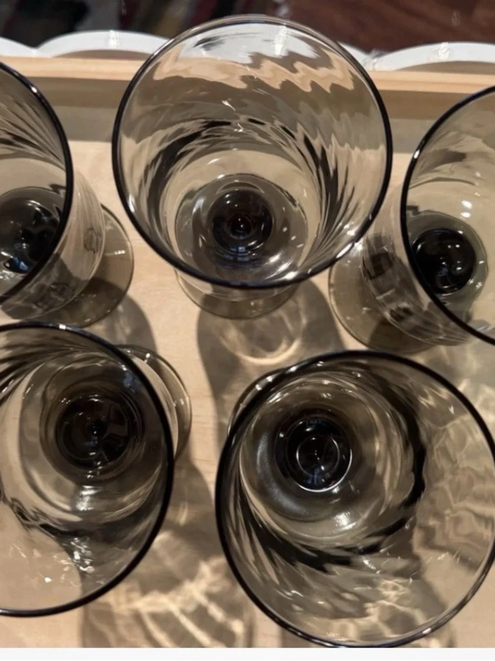 5 Libbey Smoke Grey Taupe Optic Swirl Wine Beverage Glass Goblet MCM 6¾